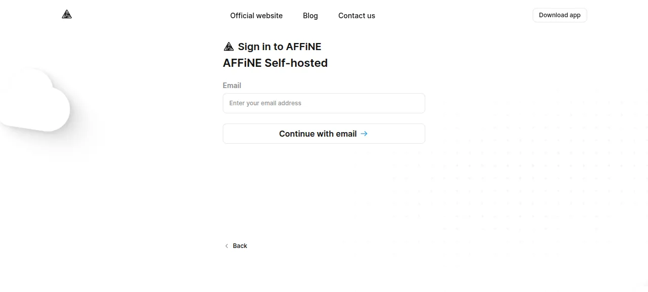 The AFFiNE Self-hosted sign-in page asking for an e-mail address