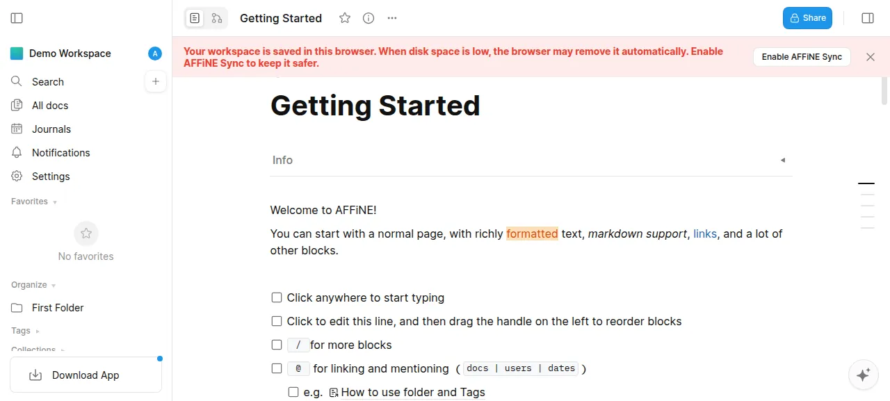 The AFFiNE editor open on the Getting Started doc after signing in