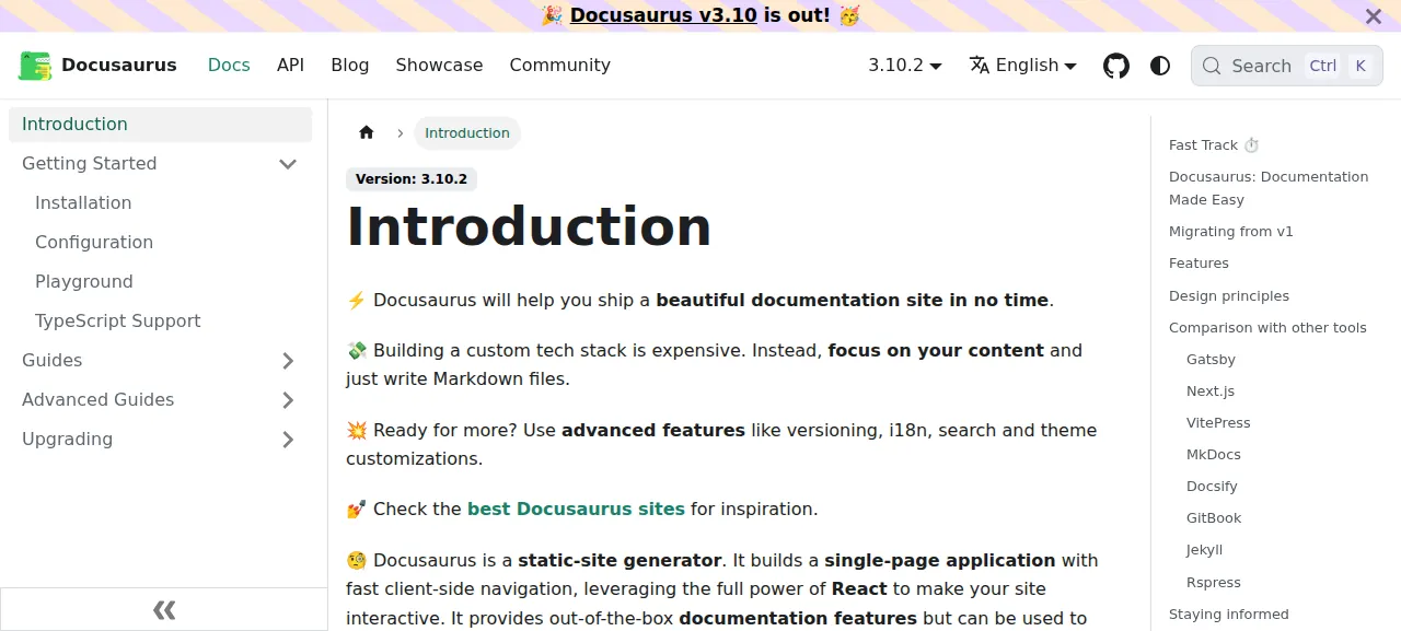 The Docusaurus docs Introduction page with the sidebar
