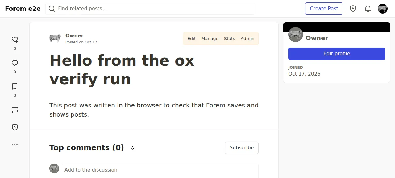 The published Forem post Hello from the ox verify run on its own page