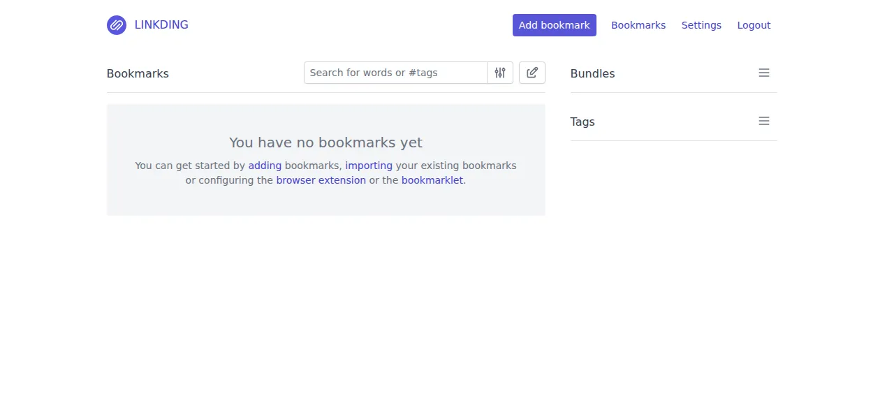 The empty linkding bookmarks page after signing in