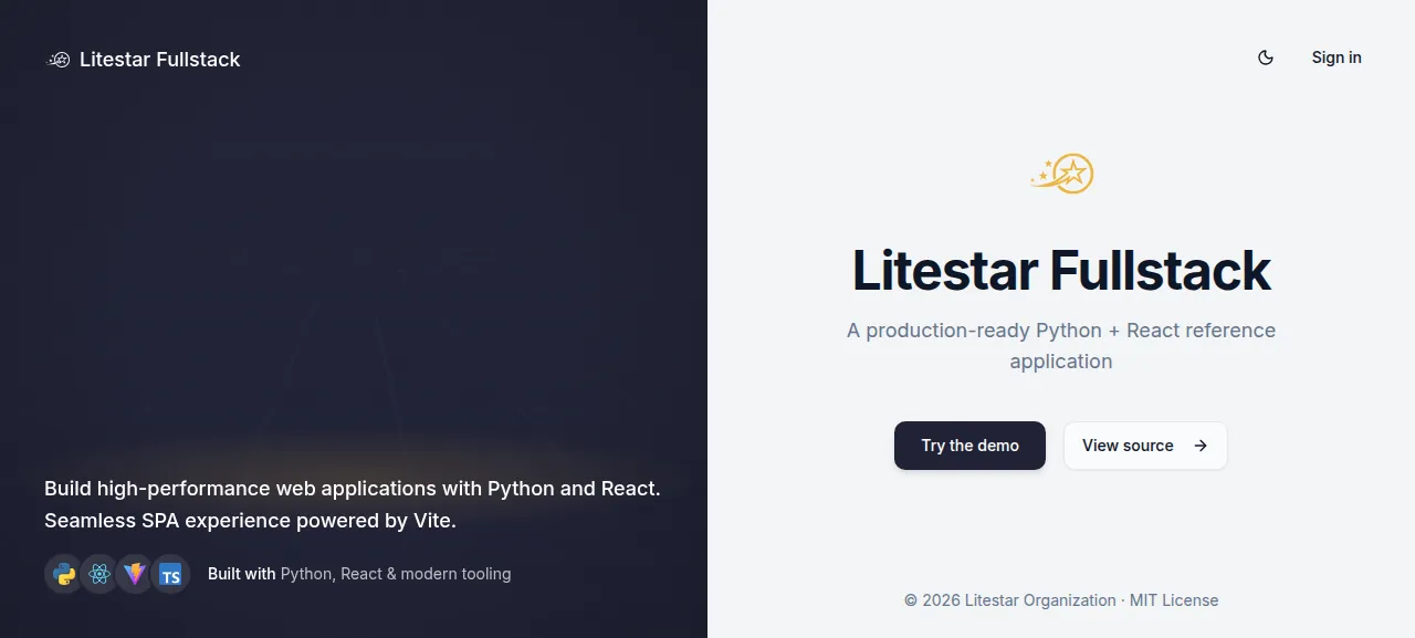 The Litestar Fullstack landing page