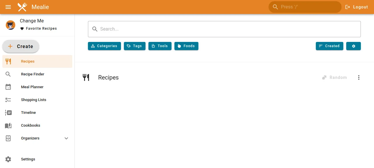 The empty Mealie recipes page after signing in