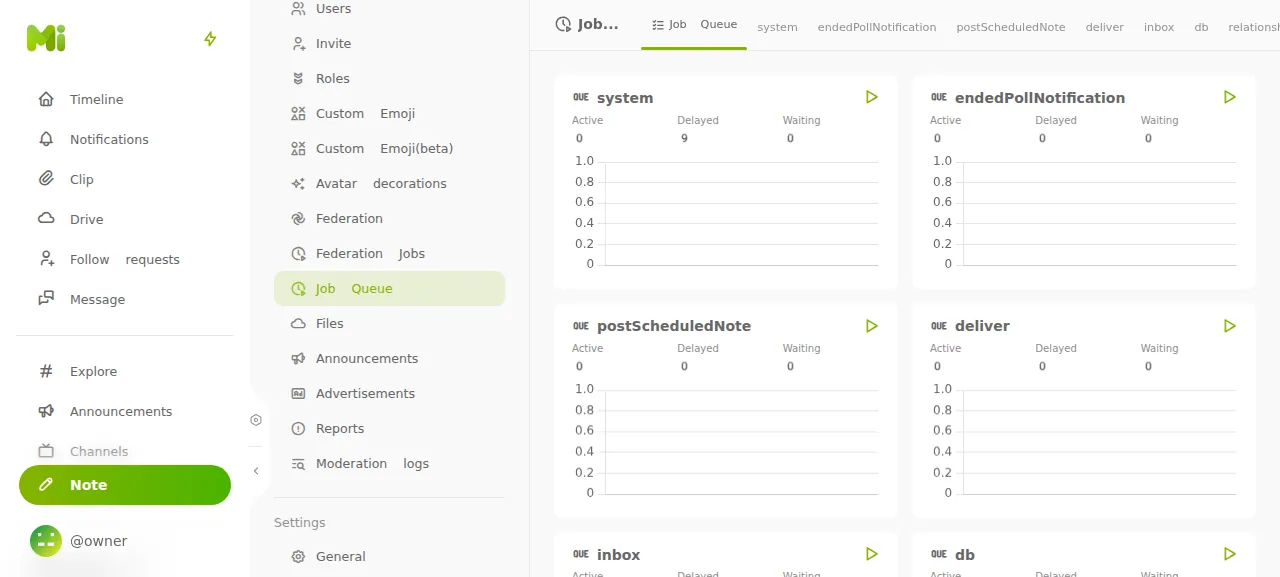 The Misskey Job Queue admin page with the queues the worker runs